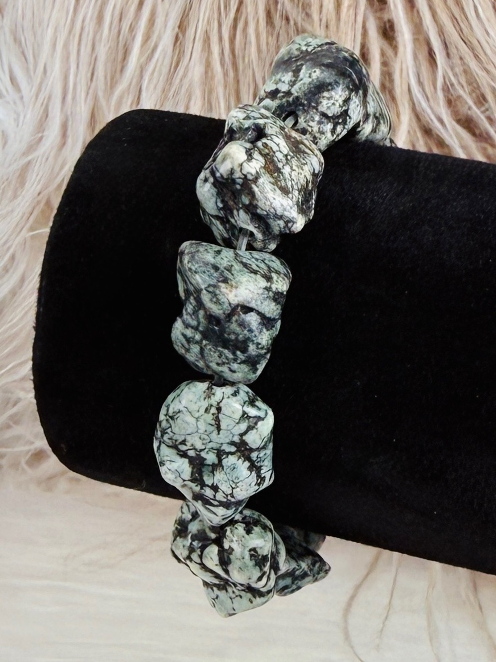 Chunky Organic Nugget Stretch Bracelet Green Black White